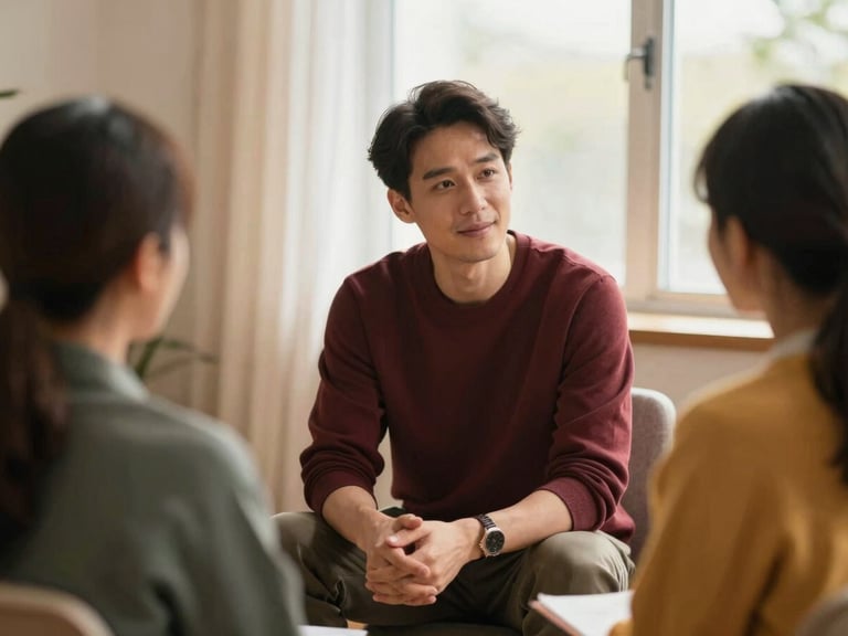 A life coach actively listening and guiding a small group in a warm, inviting setting, focusing on genuine human interaction, soft diffused indoor lighting.