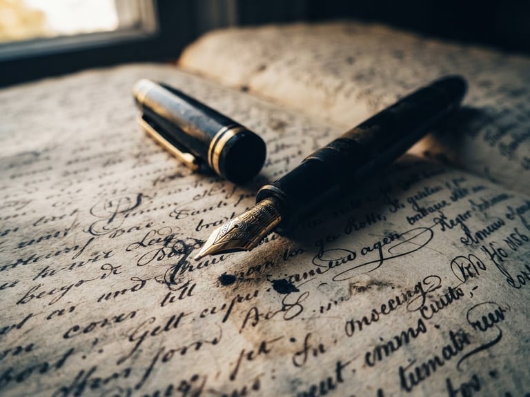 Cinematic macro shot of a vintage fountain pen resting on dense manuscript paper, dramatic high-contrast lighting, deep navy shadows and warm gold highlights, 35mm film grain