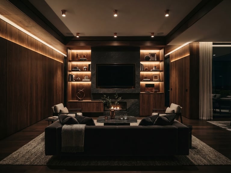 Wide cinematic shot of a luxury living room with floor-to-ceiling dark walnut wood panels, integrated warm LED lighting, symmetrical architectural framing, 50mm lens