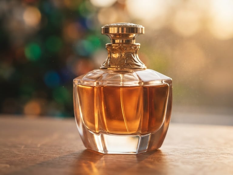 Macro product shot of a heavy glass perfume bottle catching warm diffused golden-hour window light, soft mist in the background, gold accents, shallow depth of field, 35mm.