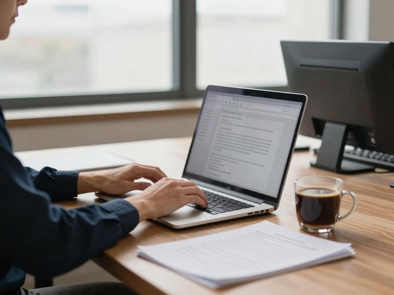 Visão de um escritório organizado com uma pessoa digitando em um laptop, com documentos e uma xícara de café, luz natural entrando pela janela, ambiente tranquilo.