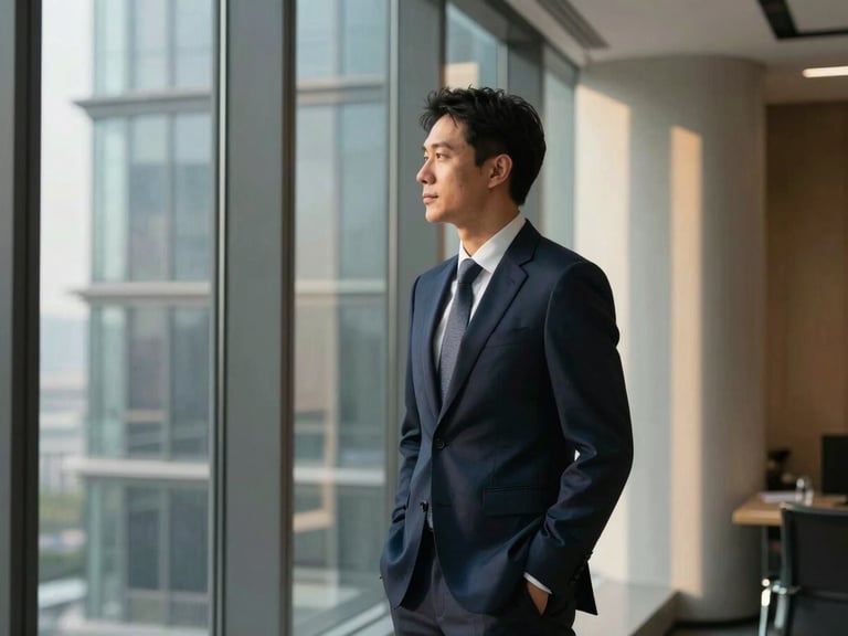 Confident executive in a modern, architectural office, looking out a large window in quiet reflection, subtle shadows, crisp natural window light, deep navy and subtle gold tones, sharp focus, 35mm.