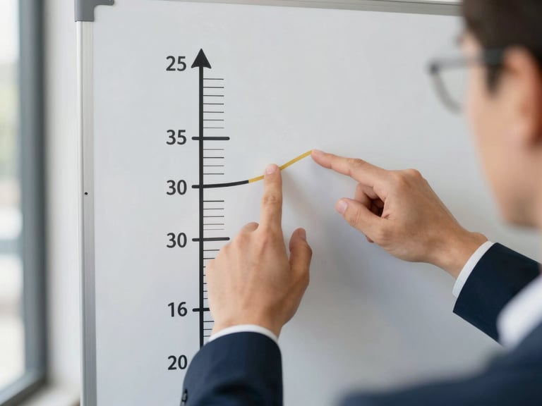 Close-up of hands pointing at a growth chart on a physical whiteboard during a strategic planning session, crisp natural window light, deep navy and subtle gold tones, sharp focus, 35mm.