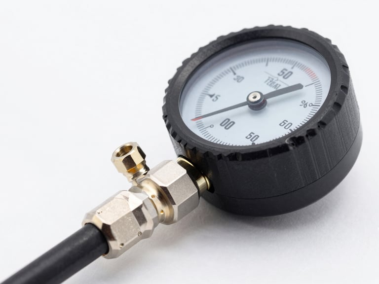 Macro shot of a high-precision digital pressure gauge testing an automotive AC hose fitting, bright studio lighting, crisp metallic details.