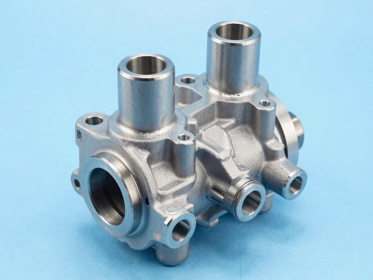 Sharp industrial product photography of machined metal automotive AC compressor valves on a clean light blue blueprint background, high-key studio lighting, 50mm lens