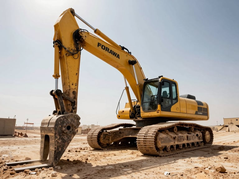 Low-angle heroic shot of a heavy excavator with a yellow FORKAWA hydraulic breaker on a dusty Saudi construction site, harsh desert sunlight, high-contrast industrial photography, 35mm