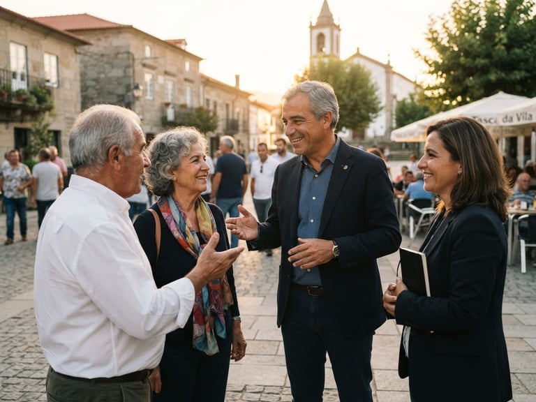 Warm environmental portrait of Rafael Martins conversing with community leaders in a town square, golden hour light, natural documentary style
