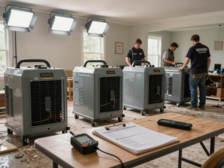 Wide shot of a restoration crew staging industrial air movers and dehumidifiers in a water-damaged living room, moisture meters and documentation clipboard visible on a folding table in the foreground, work lights overhead, crew members in branded gear moving equipment in the background