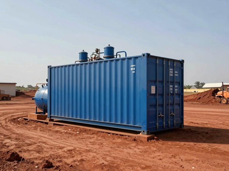 Wide shot of a heavy-duty steel blue containerized oxygen generation system sitting on a red-dirt industrial mining site in Senegal under intense midday sun.