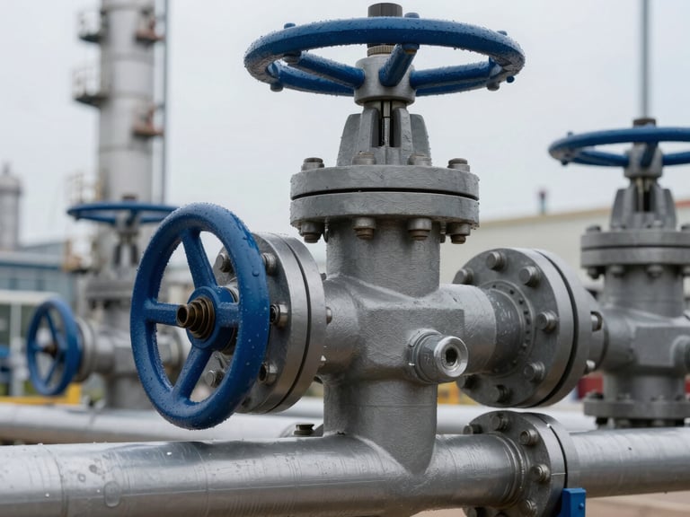 Macro shot of heavy-duty industrial mechanical valves and steel pipelines in an oil refinery, cool daylight, sharp focus, 35mm