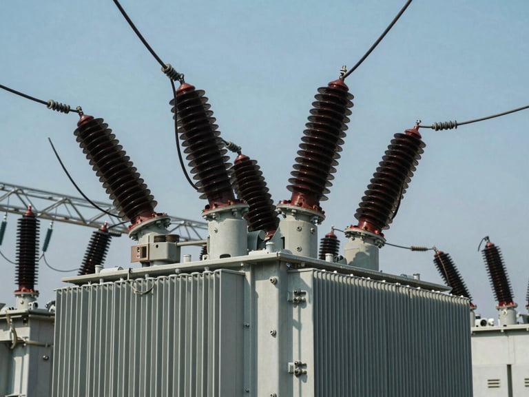 High-voltage electrical transformers and power grid infrastructure under clean daylight, technical detail, cool slate gray tones, 35mm