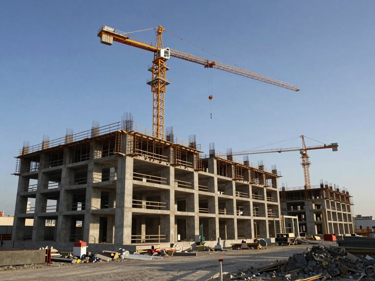 Wide angle shot of a massive concrete infrastructure construction site in Erbil, crane silhouettes against cool morning light, sharp focus, 35mm
