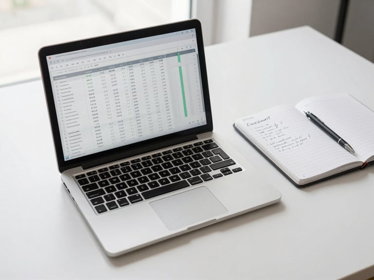 Overhead shot of a minimal workspace — laptop open to an ad analytics dashboard showing CTR and ROAS columns, a single notebook with handwritten campaign notes beside it, clean overcast indoor light, no people in frame