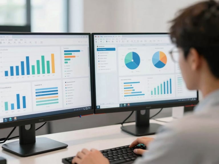 A medium close-up of a student focused on dual-monitor screens displaying modern marketing dashboards, bright neutral office daylight, clean professional environment.