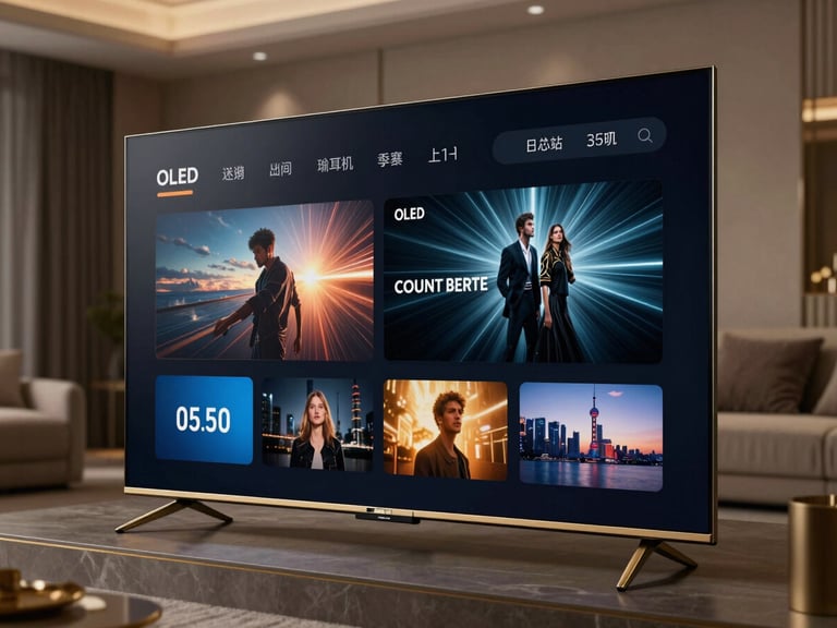 A close-up of a bezel-less OLED TV showcasing a dark, futuristic media interface with precise gold accents, set in a low-lit luxury home theater.