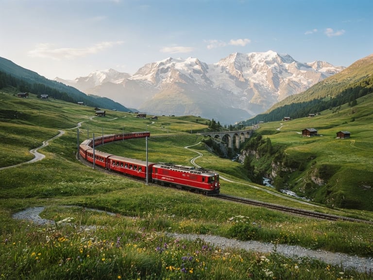 Wide environmental shot of a vintage red train winding through green Swiss alpine meadows, majestic snow-capped peaks in the background, soft warm morning light, 35mm film aesthetic