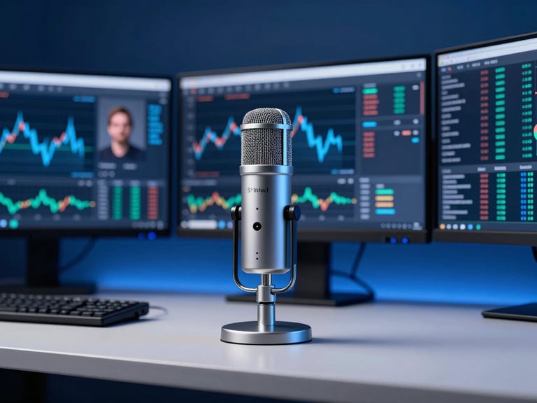 A professional webinar setup with a high-quality microphone and multiple monitors displaying live market data, cool-toned deep blue background