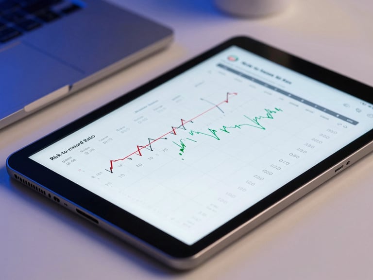 Close-up of a tablet displaying risk-to-reward ratio calculations and trading journals on a clean desk, metallic silver accents, sharp focus