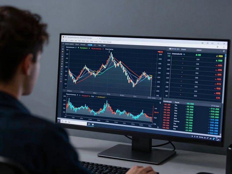 Over-the-shoulder view of a clean financial trading terminal showing technical charts with key support and resistance zones, cool ambient studio lighting