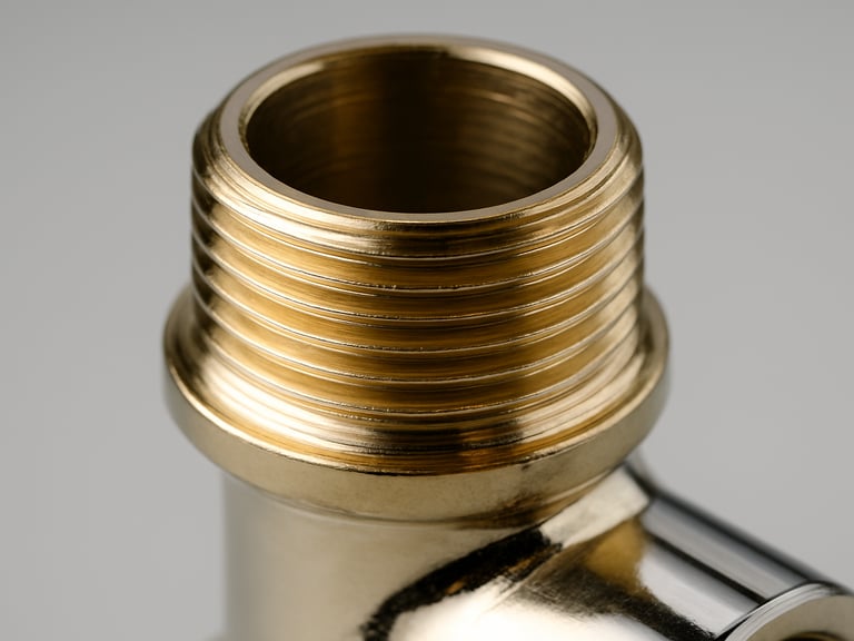 Macro shot of brass water faucet valve threads, sharp focus on metal grooves, bright studio lighting