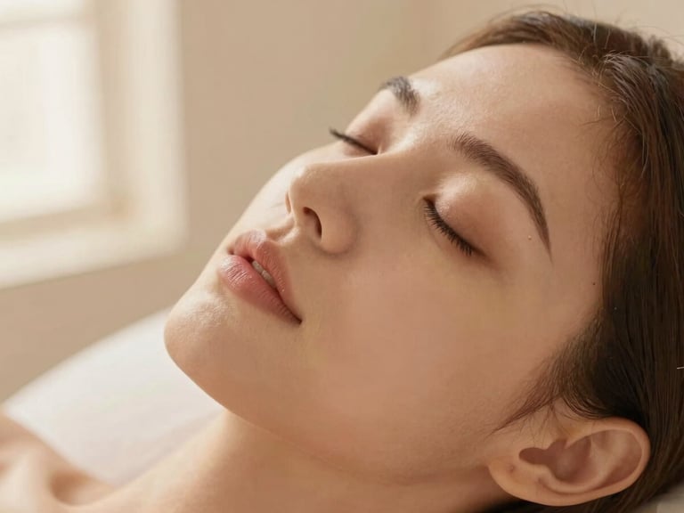 Close-up of a woman's calm, serene face, eyes gently closed, hinting at comfort and ease during a treatment, soft golden light.