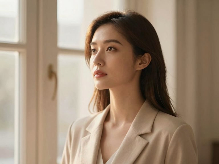 Elegant woman looking confidently into the distance, symbolizing hope and positive outcomes, shallow depth of field, warm light.