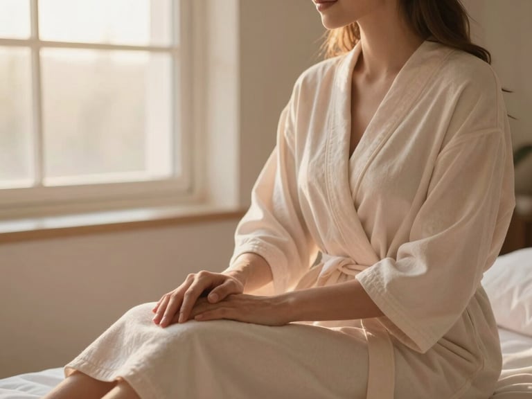 Elegant woman in a soft robe in a private, sunlit spa room, hands gently resting on her lap, warm editorial photography, soft golden-hour window light, muted champagne and blush tones, shallow depth of field, 35mm