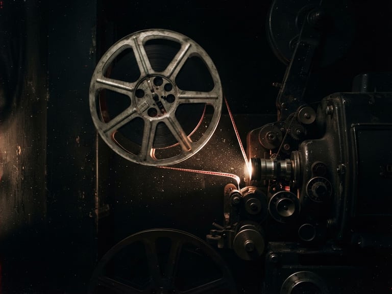 Dark cinematic film photography of a vintage 35mm film projector reel, glowing dust particles in a dark projection booth, high-contrast chiaroscuro lighting, deep shadows.