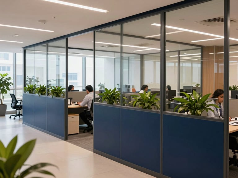 Modern office interior in Bengaluru, India, with CAs collaborating, glass partitions, green plants, natural light, clean corporate navy and warm tones, sharp focus, 35mm.