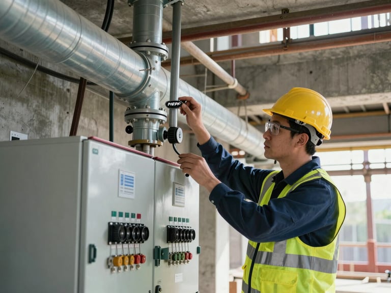 Close-up of an MEP engineer in high-vis gear inspecting a complex overhead ductwork run and electrical switchgear on an active concrete construction site, sharp daylight.