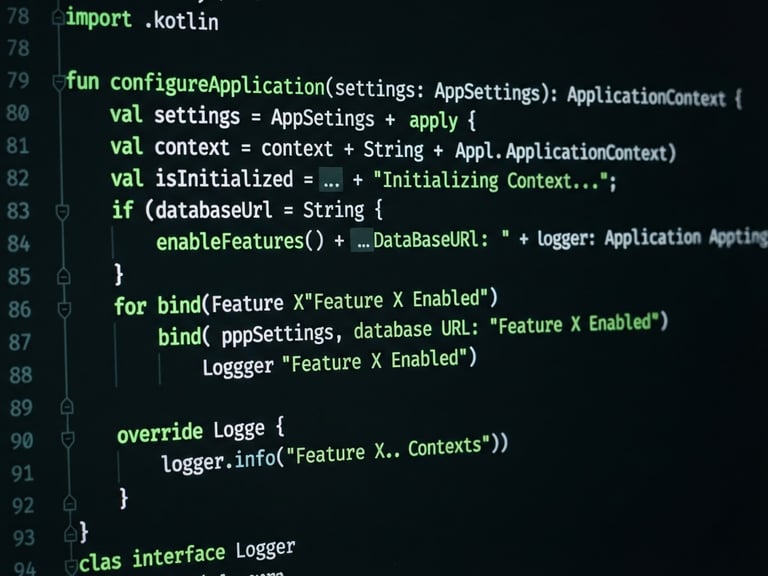 Sleek low-key studio shot of clean Kotlin code on a high-contrast dark IDE interface with electric green syntax highlighting.