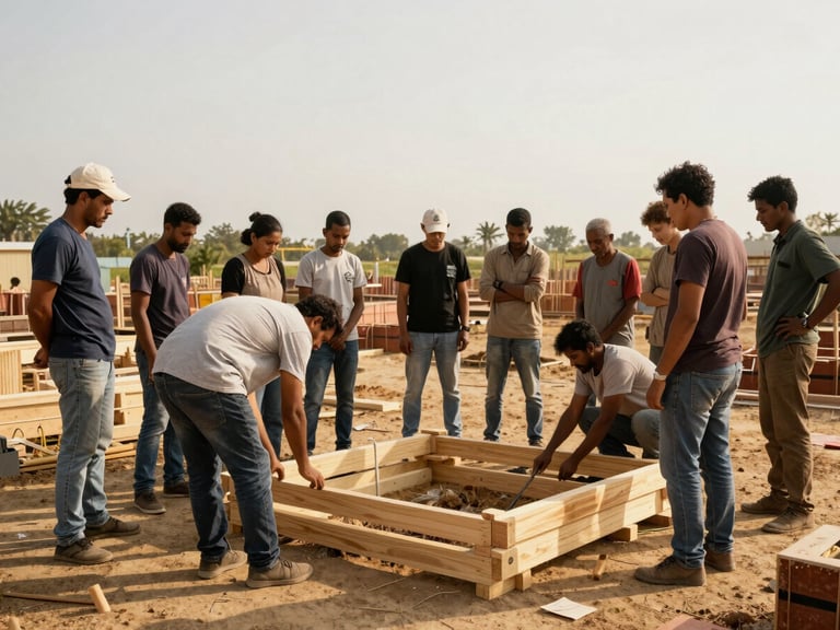 Wide shot of community members and local leaders collaborating on a construction project, building a small, sustainable structure, natural daylight, showing agency and collective effort.