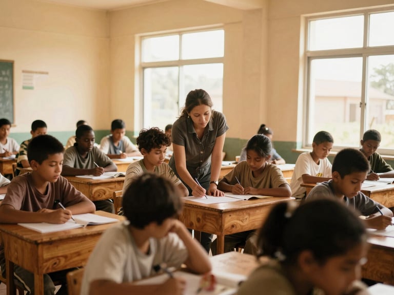 Medium shot of students in a brightly lit, community-built classroom, collaborating on a project, natural light streaming through windows, a local teacher guiding them, rich organic earth tones.
