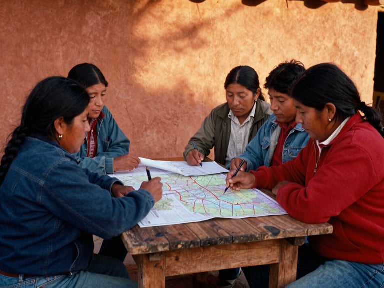 Medium shot of Bolivian community leaders sitting around a rustic wooden table, discussing maps and plans, warm golden hour light, rich terracotta tones, authentic documentary style.