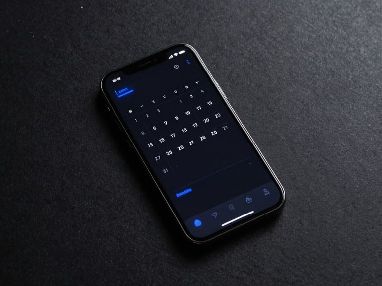Overhead flat-lay of a smartphone displaying a dark-mode productivity template, clean calendar layout, subtle blue glow, on a dark textured desk.