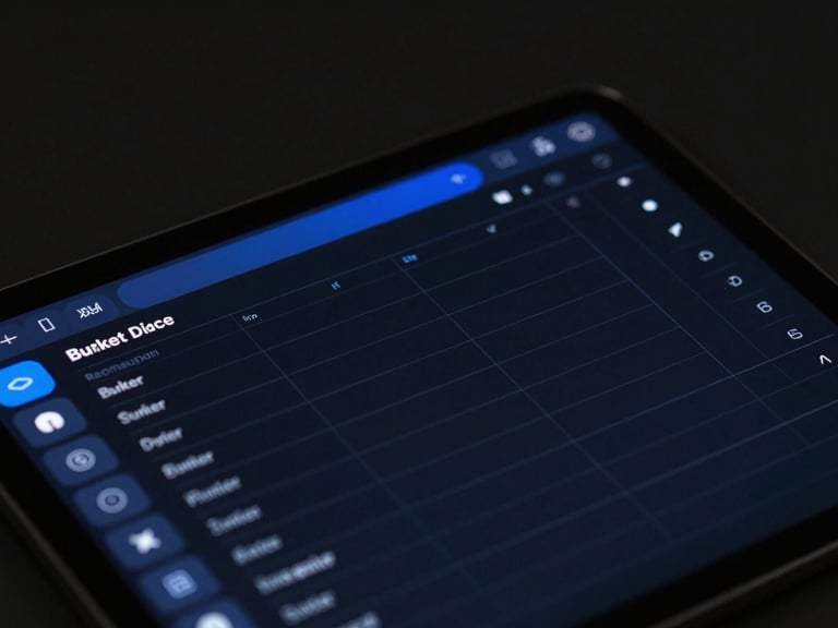 Close-up of a tablet screen displaying a dark-mode digital budget planner, crisp lines, electric blue accents, low-key studio lighting, focus on financial tracking UI.