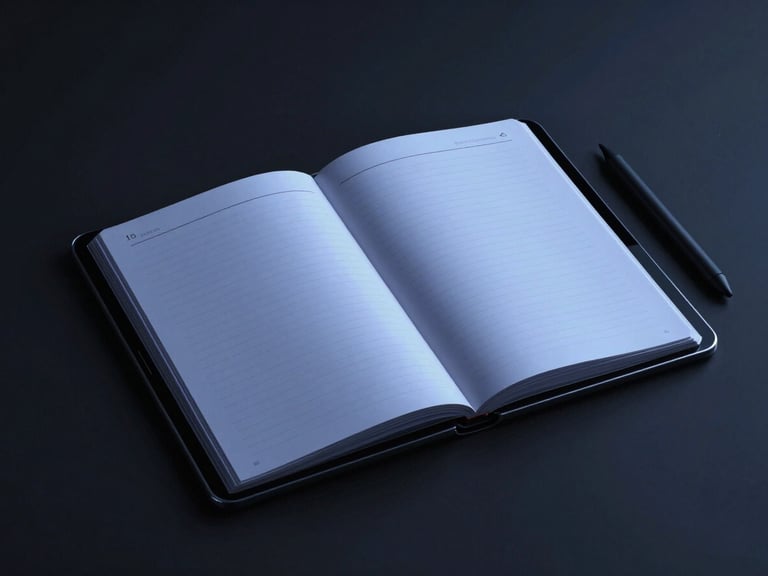 Angled shot of an open digital journal on a tablet, dark mode, minimalist design, stylus pen nearby, soft blue light reflecting on screen.