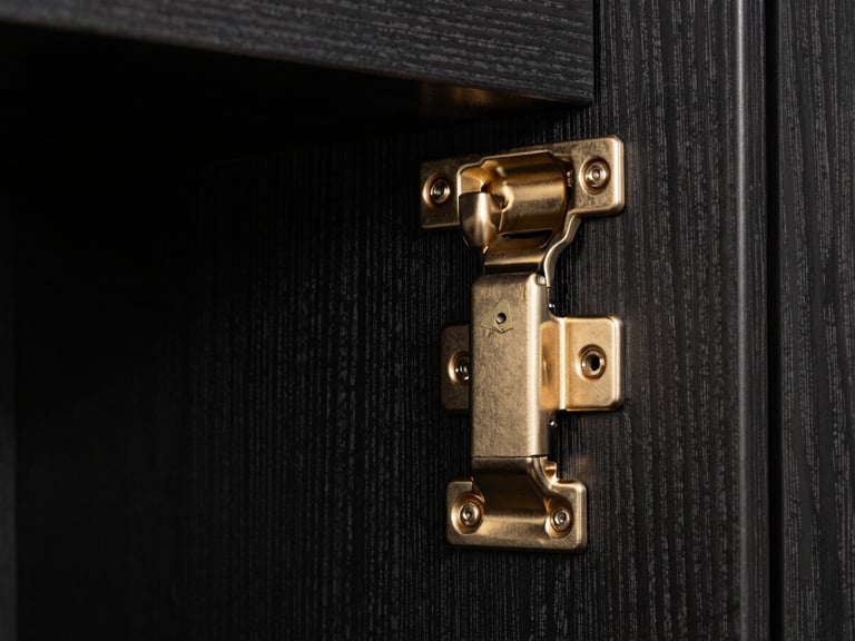 Close-up macro of premium cabinet hinges and soft-close hardware installed on dark oak wood veneer, dramatic side-lighting, 35mm
