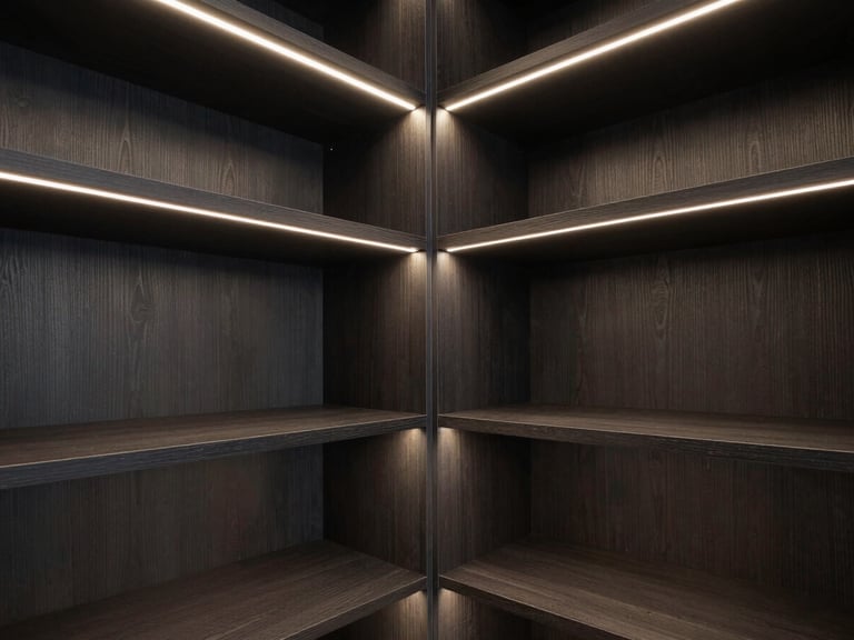 Wide-angle architectural shot of a luxury closet with integrated LED lighting, dark wood shelves, flawless mitered edges, sharp focus