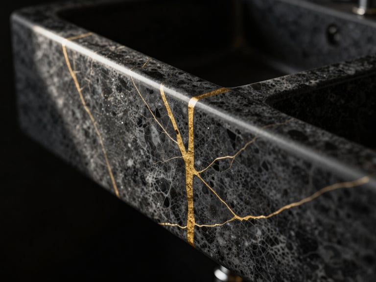 architectural interior photography, dramatic side-lighting, high-contrast black and gold tones, sharp focus on textures, 35mm lens. Macro close-up of a flawless 45-degree mitered joint on a dark porcelain sink, subtle gold metallic veins catching side light.