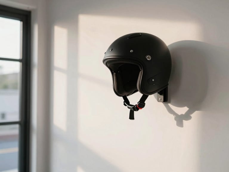 Environmental shot of a spare minimalist hallway, a helmet stand mounted on a clean white wall with a matte black motorcycle helmet resting on it, warm afternoon light from a side window, no clutter