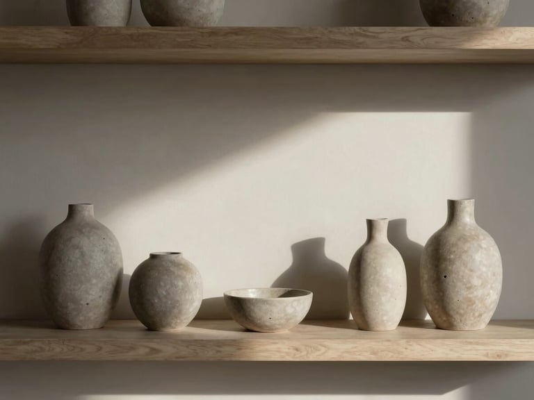 Wide environmental shot of a modern living room shelf, a set of sculptural home accessories in warm greige tones arranged with intention, controlled north-facing daylight, sparse composition, no decorative clutter