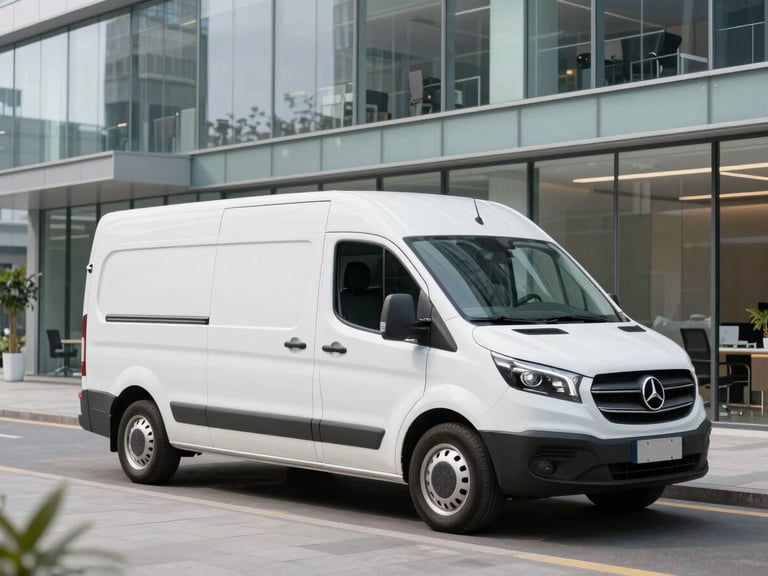 A pristine corporate delivery van parked outside a modern glass-facade office building, professional logistics, daytime