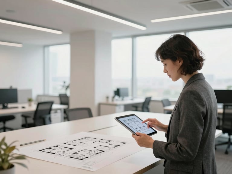 A professional architect analyzing a 3D floor plan of a modern office layout on a tablet, natural light, architectural environment