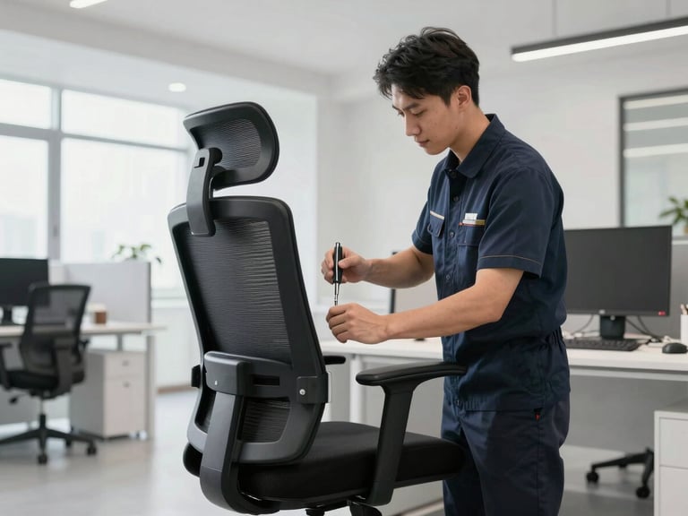 Professional technician in corporate uniform assembling an ergonomic office chair with precision tools, clean modern workspace background
