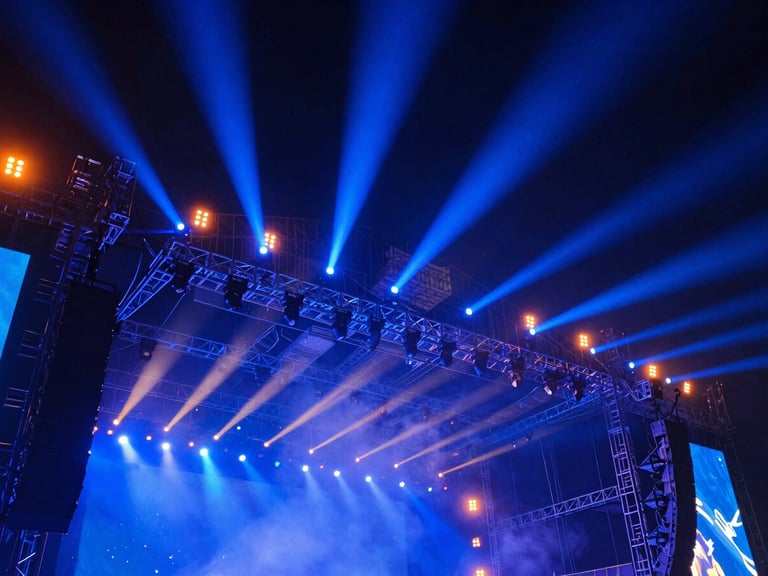 Low-angle heroic shot of massive concert stage rigging under vibrant cobalt blue and safety orange lights, haze in the air, technical precision, sharp focus.
