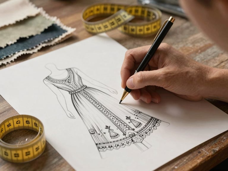 Artisan designer sketching a bohemian dress pattern on heavy paper, fabric swatches and measuring tape nearby, warm side-lighting.