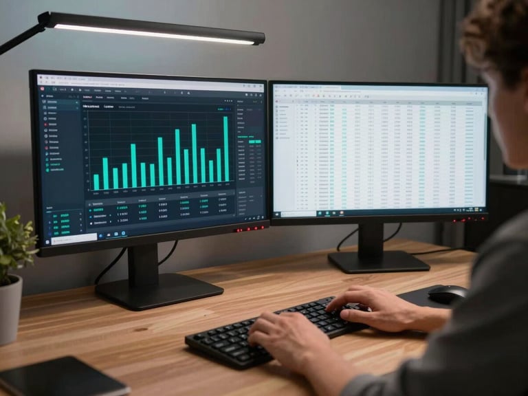 Wide shot of a home office desk setup showing two monitors—left screen displaying a cash-flow dashboard with bar charts and teal data highlights, right screen showing a live ledger—hands resting on keyboard, organized desk surface, cool overhead studio lighting, no person visible from shoulders up