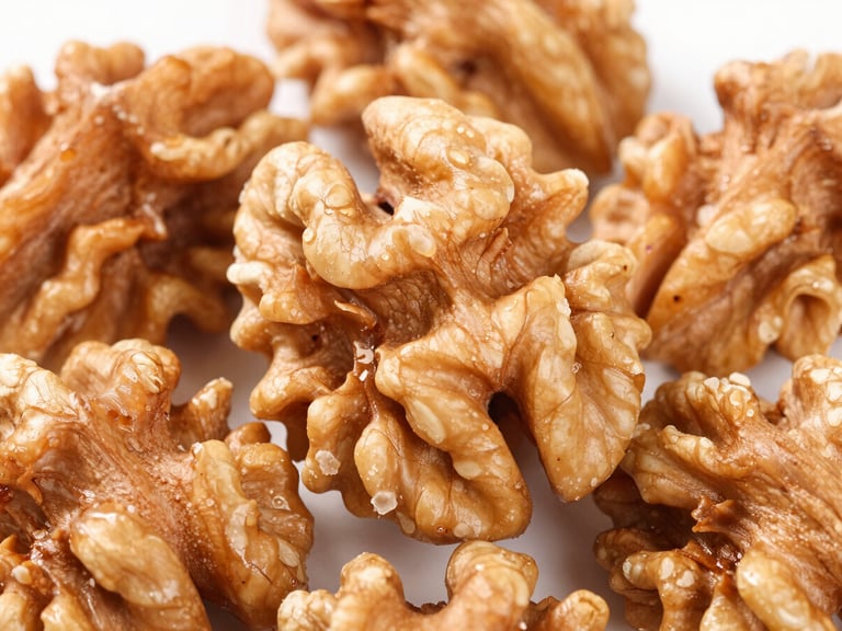 Close-up of light-colored premium walnut halves, clean studio lighting, high-contrast agricultural detail
