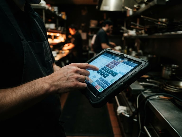 Close-up of a rugged Android tablet displaying a native ordering UI, held by a server's hand mid-service in a dimly lit, high-contrast kitchen, cool screen glow, rich dark tones, 35mm lens.